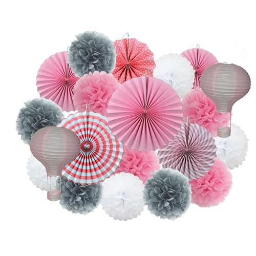 China Festival Dekorative Laterne Party Favor Rosa Set Gemischte Größe Papier Fan Laterne Hochzeit Taufe Dekor Gewebe Blume Blau(Gray Pink Set) von MEYINGOU