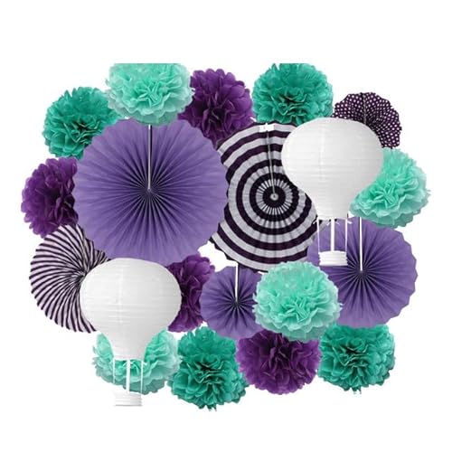 China Festival Dekorative Laterne Party Favor Rosa Set Gemischte Größe Papier Fan Laterne Hochzeit Taufe Dekor Gewebe Blume Blau(Purple Mint Set) von MEYINGOU