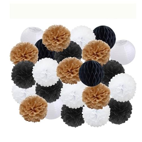 China Festival Dekorative Laterne Party Favor Rosa Weiß Set Runde Papier Ball Laterne Falten Taufe Hochzeit Decor Waben Pompom(Black Khaki Set,12inch) von MEYINGOU