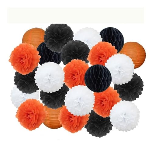 China Festival Dekorative Laterne Party Favor Rosa Weiß Set Runde Papier Ball Laterne Falten Taufe Hochzeit Decor Waben Pompom(Black Orange Set,12inch) von MEYINGOU