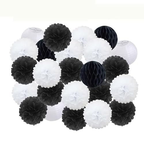 China Festival Dekorative Laterne Party Favor Rosa Weiß Set Runde Papier Ball Laterne Falten Taufe Hochzeit Decor Waben Pompom(Black Set,12inch) von MEYINGOU