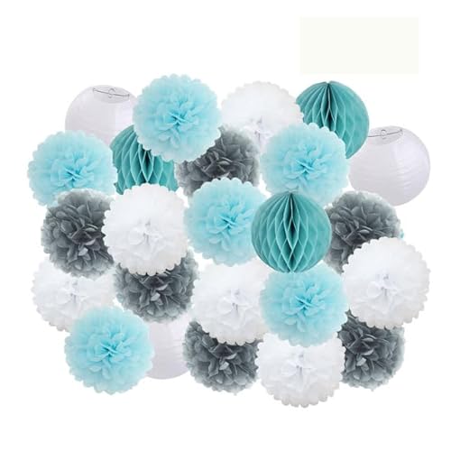 China Festival Dekorative Laterne Party Favor Rosa Weiß Set Runde Papier Ball Laterne Falten Taufe Hochzeit Decor Waben Pompom(Gray Blue Set,10inch) von MEYINGOU