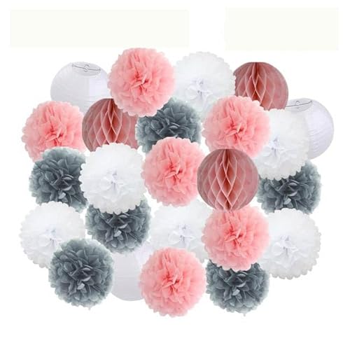 China Festival Dekorative Laterne Party Favor Rosa Weiß Set Runde Papier Ball Laterne Falten Taufe Hochzeit Decor Waben Pompom(Gray Pink Set,10inch) von MEYINGOU