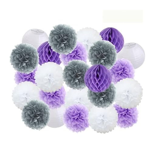 China Festival Dekorative Laterne Party Favor Rosa Weiß Set Runde Papier Ball Laterne Falten Taufe Hochzeit Decor Waben Pompom(Gray Purple Set,10inch) von MEYINGOU