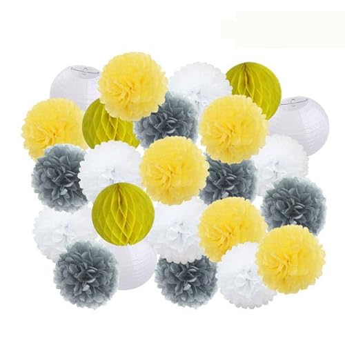 China Festival Dekorative Laterne Party Favor Rosa Weiß Set Runde Papier Ball Laterne Falten Taufe Hochzeit Decor Waben Pompom(Gray Yellow Set,12inch) von MEYINGOU