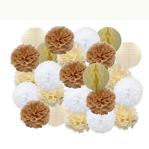 China Festival Dekorative Laterne Party Favor Rosa Weiß Set Runde Papier Ball Laterne Falten Taufe Hochzeit Decor Waben Pompom(Khaki Beige Set,10inch) von MEYINGOU