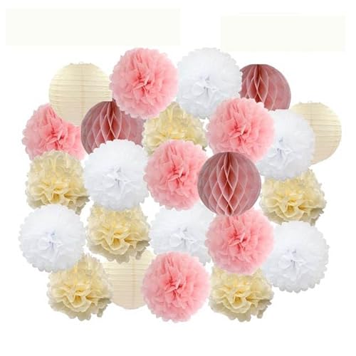 China Festival Dekorative Laterne Party Favor Rosa Weiß Set Runde Papier Ball Laterne Falten Taufe Hochzeit Decor Waben Pompom(Pink Beige Set,10inch) von MEYINGOU