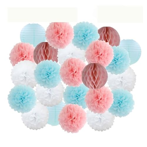 China Festival Dekorative Laterne Party Favor Rosa Weiß Set Runde Papier Ball Laterne Falten Taufe Hochzeit Decor Waben Pompom(Pink Blue Set,6inch) von MEYINGOU