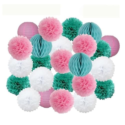 China Festival Dekorative Laterne Party Favor Rosa Weiß Set Runde Papier Ball Laterne Falten Taufe Hochzeit Decor Waben Pompom(Pink Mint Set,10inch) von MEYINGOU