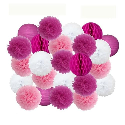 China Festival Dekorative Laterne Party Favor Rosa Weiß Set Runde Papier Ball Laterne Falten Taufe Hochzeit Decor Waben Pompom(Red Set,10inch) von MEYINGOU