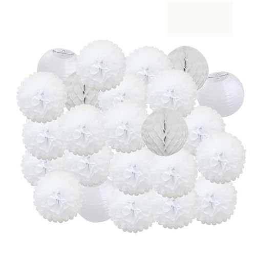 China Festival Dekorative Laterne Party Favor Rosa Weiß Set Runde Papier Ball Laterne Falten Taufe Hochzeit Decor Waben Pompom(White Set,12inch) von MEYINGOU