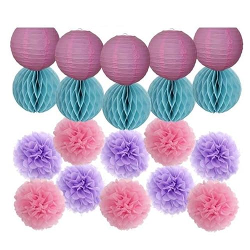 China Festival Dekorative Laterne Party-Geschenk for Kinder mit Meerjungfrauen-Motiv, lila, Minze, rund, 15,2 cm, 30,5 cm, Taufe, 18. Geburtstag, Hochzeit, Valentinstag, Dekoration, Pompom(Pink Blue P von MEYINGOU