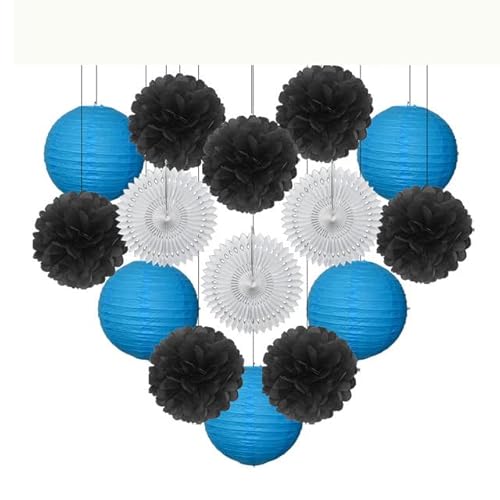 China Festival Dekorative Laterne Taufe Party zugunsten lila Set Runde Papier Laterne Hochzeit Dekor Gewebe Pompom Fan blau weiß(Black Blue Set,8inch) von MEYINGOU