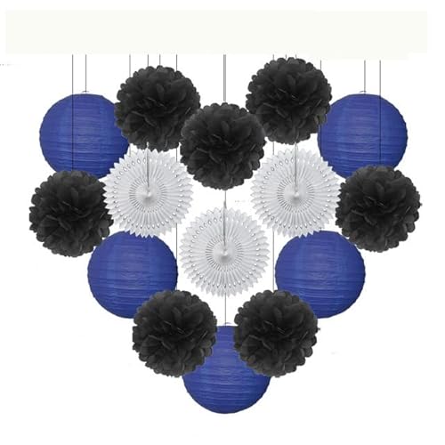 China Festival Dekorative Laterne Taufe Party zugunsten lila Set Runde Papier Laterne Hochzeit Dekor Gewebe Pompom Fan blau weiß(Black Dark Blue,12inch) von MEYINGOU