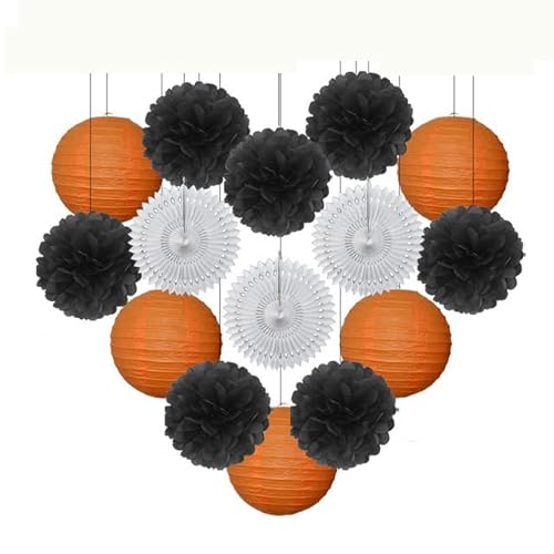 China Festival Dekorative Laterne Taufe Party zugunsten lila Set Runde Papier Laterne Hochzeit Dekor Gewebe Pompom Fan blau weiß(Black Orange Set,8inch) von MEYINGOU