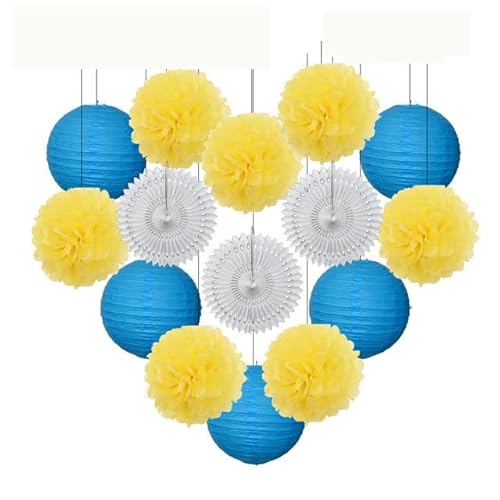 China Festival Dekorative Laterne Taufe Party zugunsten lila Set Runde Papier Laterne Hochzeit Dekor Gewebe Pompom Fan blau weiß(Blue Yellow Set,10inch) von MEYINGOU