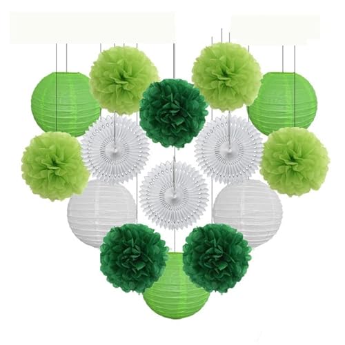 China Festival Dekorative Laterne Taufe Party zugunsten lila Set Runde Papier Laterne Hochzeit Dekor Gewebe Pompom Fan blau weiß(Green Set,10inch) von MEYINGOU