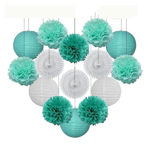 China Festival Dekorative Laterne Taufe Party zugunsten lila Set Runde Papier Laterne Hochzeit Dekor Gewebe Pompom Fan blau weiß(Mint Set,10inch) von MEYINGOU