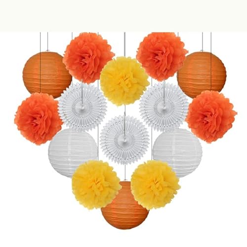 China Festival Dekorative Laterne Taufe Party zugunsten lila Set Runde Papier Laterne Hochzeit Dekor Gewebe Pompom Fan blau weiß(Orange Set,10inch) von MEYINGOU