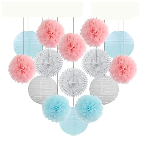 China Festival Dekorative Laterne Taufe Party zugunsten lila Set Runde Papier Laterne Hochzeit Dekor Gewebe Pompom Fan blau weiß(Pink Blue Set,12inch) von MEYINGOU