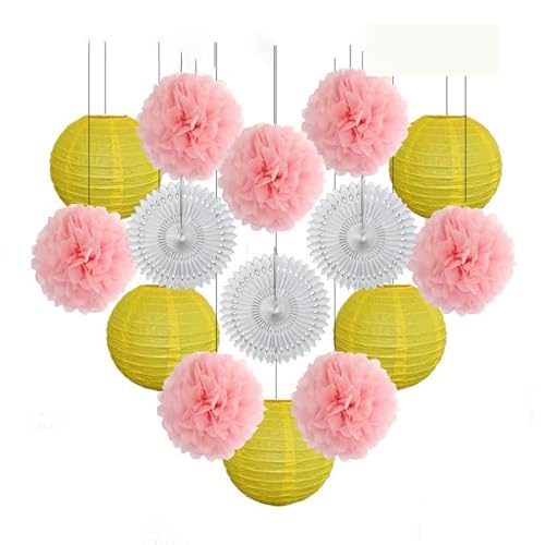 China Festival Dekorative Laterne Taufe Party zugunsten lila Set Runde Papier Laterne Hochzeit Dekor Gewebe Pompom Fan blau weiß(Pink Yellow Set,12inch) von MEYINGOU