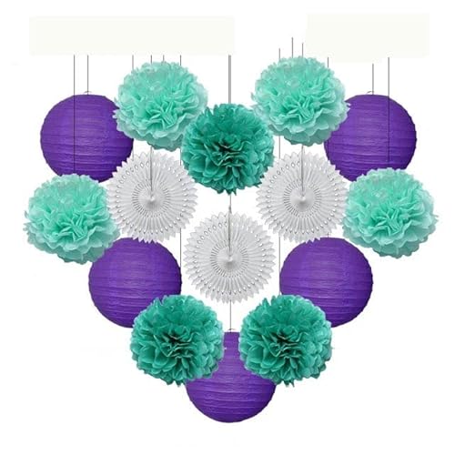 China Festival Dekorative Laterne Taufe Party zugunsten lila Set Runde Papier Laterne Hochzeit Dekor Gewebe Pompom Fan blau weiß(Purple Mint Set,12inch) von MEYINGOU