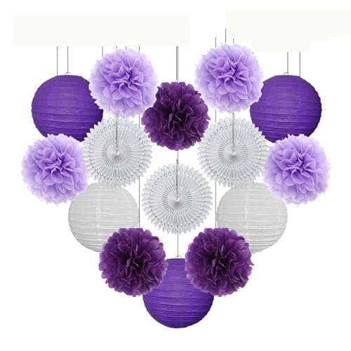 China Festival Dekorative Laterne Taufe Party zugunsten lila Set Runde Papier Laterne Hochzeit Dekor Gewebe Pompom Fan blau weiß(Purple Set,10inch) von MEYINGOU