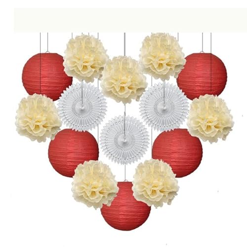 China Festival Dekorative Laterne Taufe Party zugunsten lila Set Runde Papier Laterne Hochzeit Dekor Gewebe Pompom Fan blau weiß(Red Beige Set,10inch) von MEYINGOU