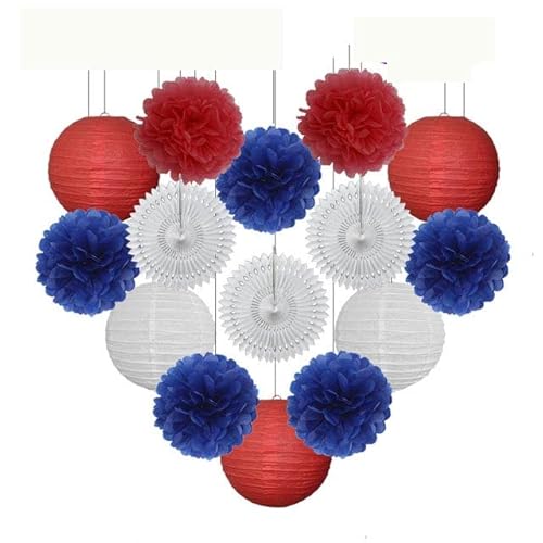 China Festival Dekorative Laterne Taufe Party zugunsten lila Set Runde Papier Laterne Hochzeit Dekor Gewebe Pompom Fan blau weiß(Red Dark Blue,10inch) von MEYINGOU