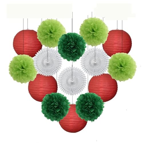 China Festival Dekorative Laterne Taufe Party zugunsten lila Set Runde Papier Laterne Hochzeit Dekor Gewebe Pompom Fan blau weiß(Red Green Set,8inch) von MEYINGOU