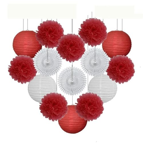 China Festival Dekorative Laterne Taufe Party zugunsten lila Set Runde Papier Laterne Hochzeit Dekor Gewebe Pompom Fan blau weiß(Red Set,12inch) von MEYINGOU