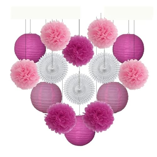 China Festival Dekorative Laterne Taufe Party zugunsten lila Set Runde Papier Laterne Hochzeit Dekor Gewebe Pompom Fan blau weiß(Rose Red Set,8inch) von MEYINGOU