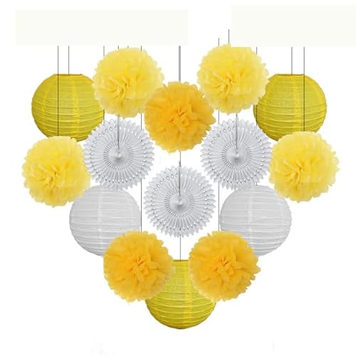 China Festival Dekorative Laterne Taufe Party zugunsten lila Set Runde Papier Laterne Hochzeit Dekor Gewebe Pompom Fan blau weiß(Yellow Set,8inch) von MEYINGOU