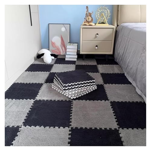 Interlocking Mat Wasserdicht Hochelastische Spielm 10 Stück ineinander greifende Teppichfliesen, Puzzle-Bodenmatte aus Plüschschaum, Wohnzimmer, Schlafzimmer, 30 x 30 cm(Black+gray,0.23 inch) von MEYINGOU