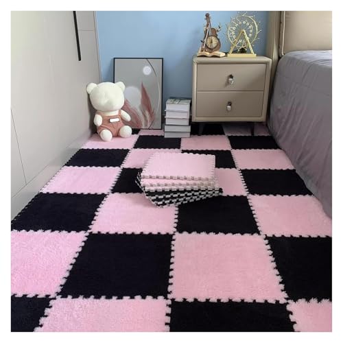 Interlocking Mat Wasserdicht Hochelastische Spielm 10 Stück ineinander greifende Teppichfliesen, Puzzle-Bodenmatte aus Plüschschaum, Wohnzimmer, Schlafzimmer, 30 x 30 cm(Black+pink,0.23 inch) von MEYINGOU