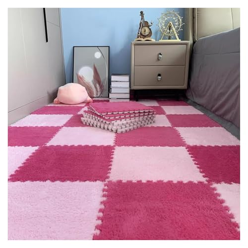 Interlocking Mat Wasserdicht Hochelastische Spielm 10 Stück ineinander greifende Teppichfliesen, Puzzle-Bodenmatte aus Plüschschaum, Wohnzimmer, Schlafzimmer, 30 x 30 cm(Pink+rose Red,0.39 inch) von MEYINGOU