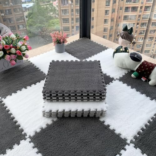 Interlocking Mat Wasserdicht Hochelastische Spielm 12 Stück flauschige ineinander greifende Teppichfliesen, Schaumstoff-Fußmatten mit Rand, Plüsch-Puzzle-Spielmatten-Quadrate, 30 x 30 cm(Gray+white,0. von MEYINGOU