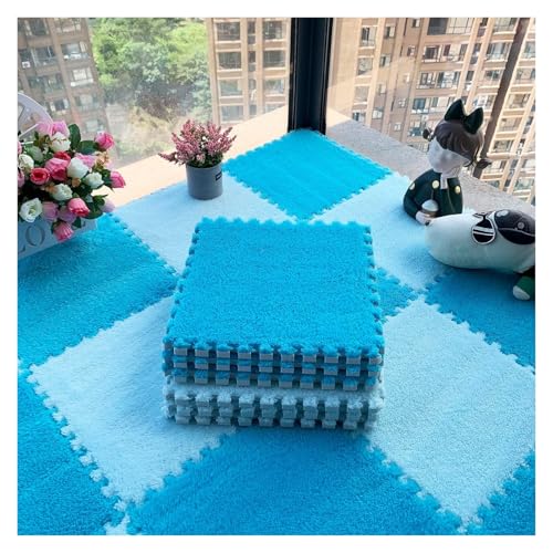 Interlocking Mat Wasserdicht Hochelastische Spielm 12 Stück flauschige ineinander greifende Teppichfliesen, Schaumstoff-Fußmatten mit Rand, Plüsch-Puzzle-Spielmatten-Quadrate, 30 x 30 cm(Light Blue+bl von MEYINGOU