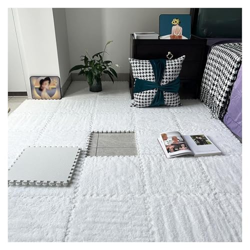 Interlocking Mat Wasserdicht Hochelastische Spielm 16 Stück ineinander greifende Plüsch-Bodenfliesen, Teppichquadrate, 12 x 12 Zoll flauschige Puzzleteil-Bodenmatte, Puzzlematte for das Wohnzimmer(Whi von MEYINGOU