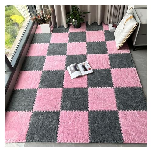 Interlocking Mat Wasserdicht Hochelastische Spielm 16 Stück ineinander greifende Plüsch-Bodenfliesen, Teppichquadrate, 12 x 12 Zoll flauschige Puzzleteil-Bodenmatte, Puzzlematte for das Wohnzimmer(Pin von MEYINGOU