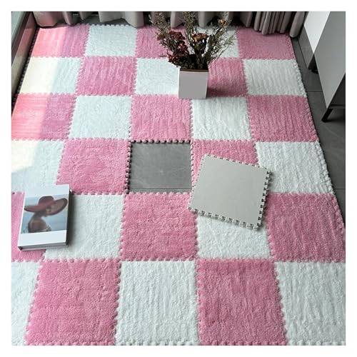 Interlocking Mat Wasserdicht Hochelastische Spielm 16 Stück ineinander greifende Plüsch-Bodenfliesen, Teppichquadrate, 12 x 12 Zoll flauschige Puzzleteil-Bodenmatte, Puzzlematte for das Wohnzimmer(Pin von MEYINGOU