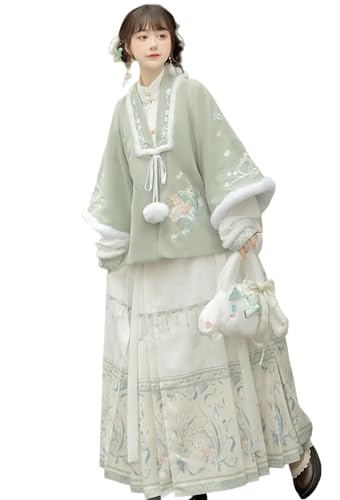 MEYINGOU Chinesischer Stil Cosplay Kostüm,Hanfu Kostüm, For Frauen Bestickter Kragenmantel und Pferdegesichtsrock Neujahrsgrüße Winter Plus Samt(Green_Large) von MEYINGOU