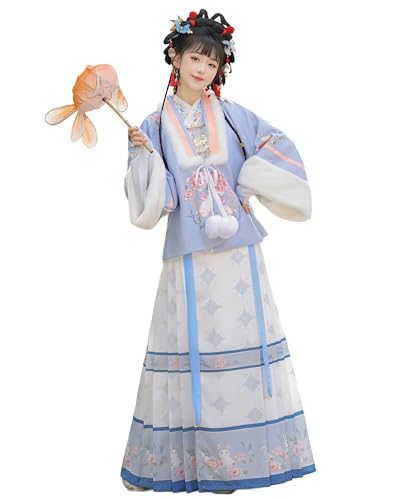 MEYINGOU Chinesischer Stil Cosplay Kostüm,Hanfu Kostüm, For Frauen: Mantel mit besticktem Kragen und Rock mit Pferdekopf-Motiv. Neujahrsgrüße(Blue_Large) von MEYINGOU