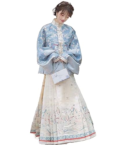 MEYINGOU Chinesischer Stil Cosplay Kostüm,Hanfu Kostüm, Traditionelles besticktes chinesisches Hanfu-Kleid, traditioneller chinesischer Rock mit Pferdegesicht(Blue_X Large) von MEYINGOU