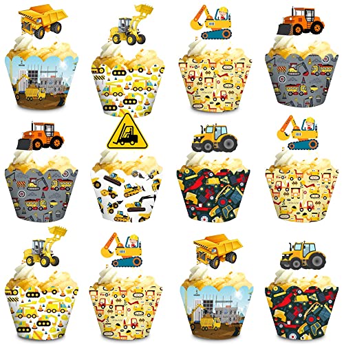 MEZHEN Bagger Tortendeko Baustellenfahrzeuge Kuchen Deko Geburtstag Cupcake Topper Bagger Cupcake Wrappers Muffin Backen Deko Party Kindergeburtstag Backbecher Papier von MEZHEN