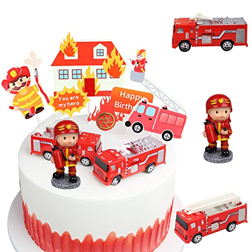 MEZHEN Feuerwehrmann Tortendeko Geburtstag Kuchen Deko Figuren Feuerwehrauto Cake Topper Happy Birthday Kindergeburtstag Deko Torte Geburtstagsdeko Kuchendeko Feuerwehrmann Geburtstagsparty von MEZHEN