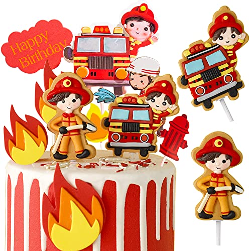 MEZHEN Feuerwehrmann Tortendeko Geburtstag Kuchen Deko Figuren Feuerwehrauto Cake Topper Happy Birthday Kindergeburtstag Torte Deko Geburtstagsdeko Kuchendeko Feuerwehrmann Geburtstagsparty B von MEZHEN