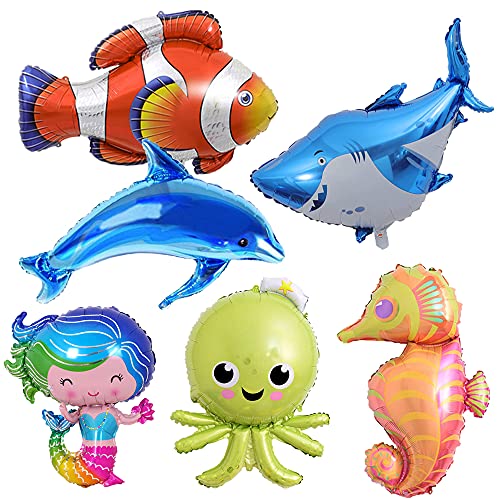 MEZHEN Folienballon Meerestier Luftballons Meerjungfrau Ballons Delfin Luftballon Hai Hippocampus Tropischer Fisch für Kinder Geburtstag Meeres Tier Party Dekoration 6 Stücke von MEZHEN