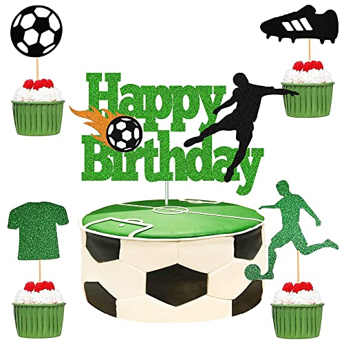 MEZHEN Glitter Tortendeko Fussball Kuchen Deko Geburtstag Athlet Kuchen Toppers Fussball Muffin Deko Torte Happy Birthday Kindergeburtstag Deko 25 Stück von MEZHEN