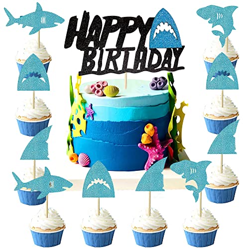 MEZHEN Glitter Tortendeko Hai Kuchen Deko Geburtstag Meerestier Kuchen Toppers Hai Muffin Deko Torte Happy Birthday Kindergeburtstag Deko 25 Stück von MEZHEN